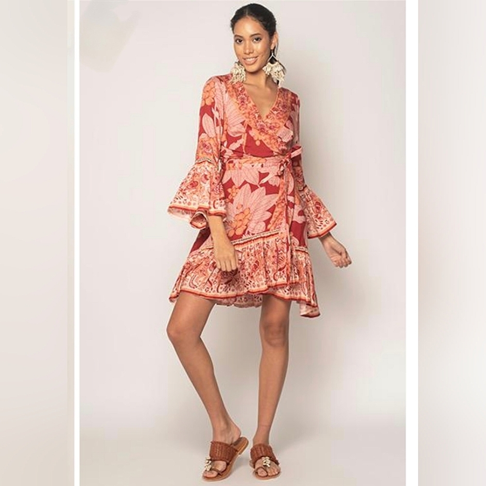 Z&L Europe Kimono Sleeve Wrap Floral Pink Red Boho Festival Dress, size S